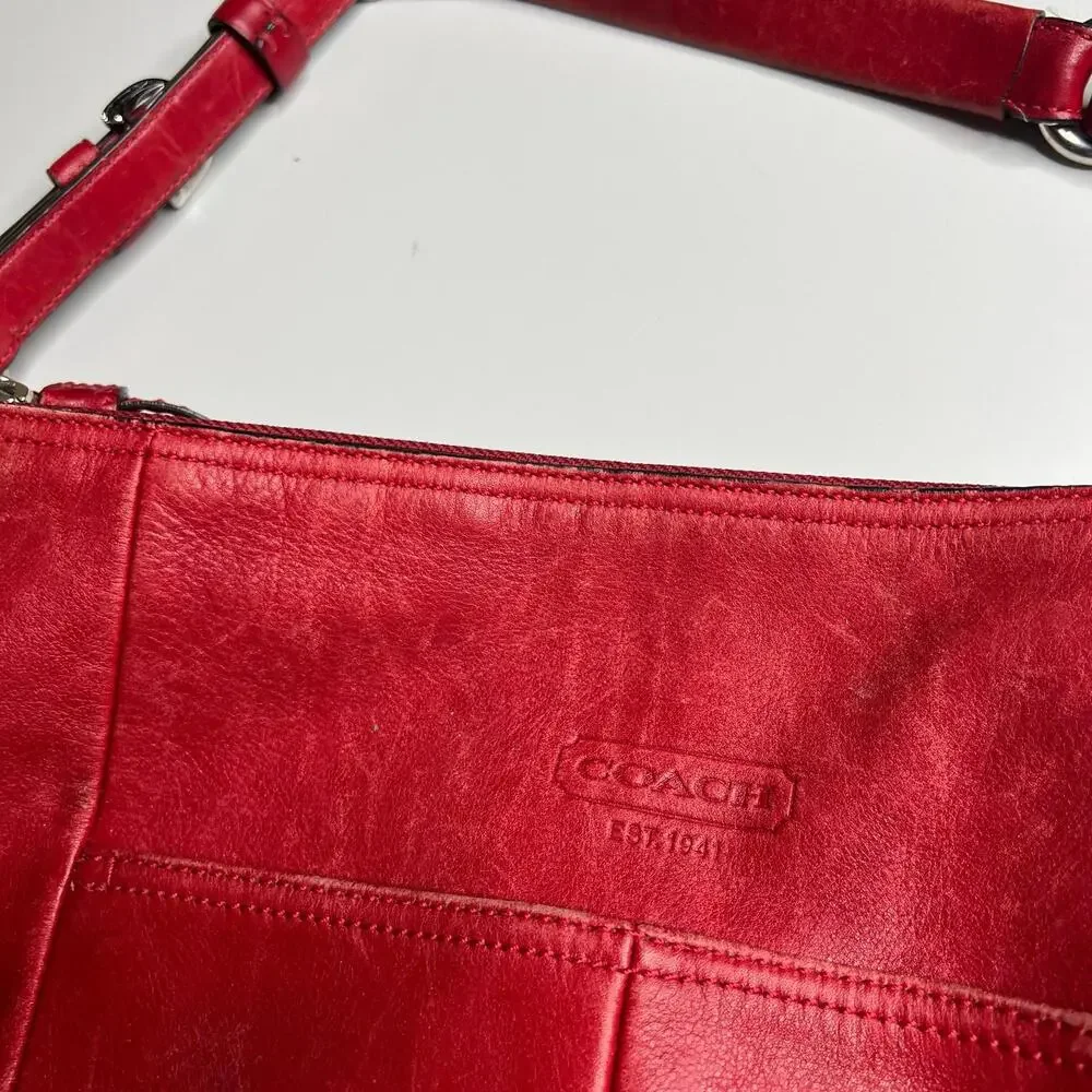 Coach Red Leather Hobo Shoulder Bag Purse Handbag Pink Lining #H0949-12834 - Picture 9 of 12